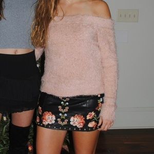 Mink pink fuzzy off the shoulder sweater